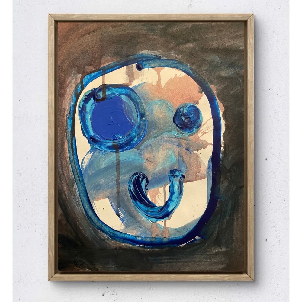 Pop Art Smiley Face Original Painting 11x14 Mixed Media Blue Teal Abstract Decor